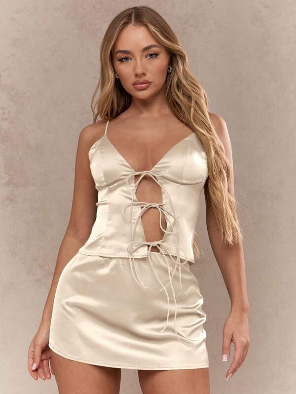 missguided MISSGUIDED Satin Two Piece Set Tie Front Crop Top Mini Skirt