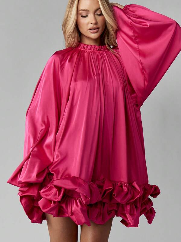 Missguided MISSGUIDED Satin Volume Mini Dress With Balloon Sleeves And Ruffled Hem