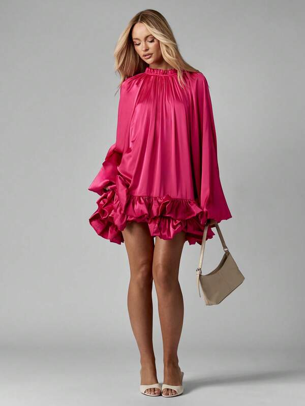 Missguided MISSGUIDED Satin Volume Mini Dress With Balloon Sleeves And Ruffled Hem