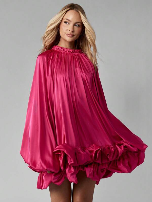 missguided MISSGUIDED Satin Volume Mini Dress With Balloon Sleeves And Ruffled Hem