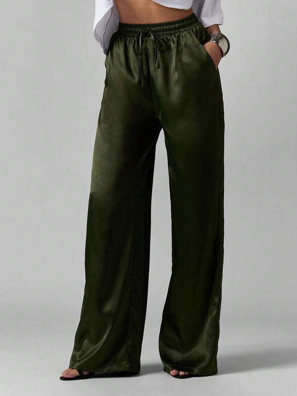 Missguided MISSGUIDED Satin Wide Leg Palazzo Pants With Drawstring