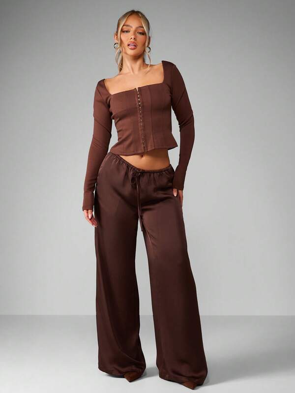 Missguided MISSGUIDED Satin Wide Leg Palazzo Pants With Drawstring Waist