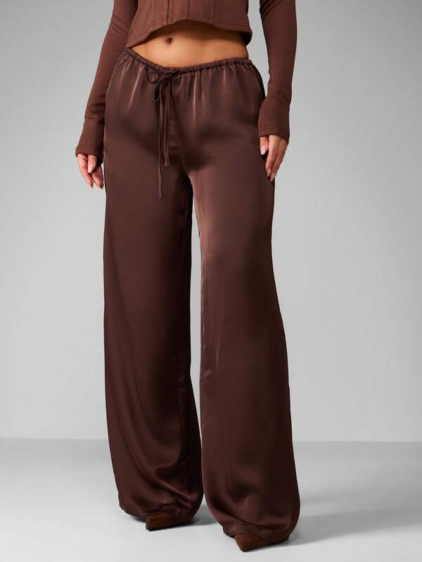 missguided MISSGUIDED Satin Wide Leg Palazzo Pants With Drawstring Waist