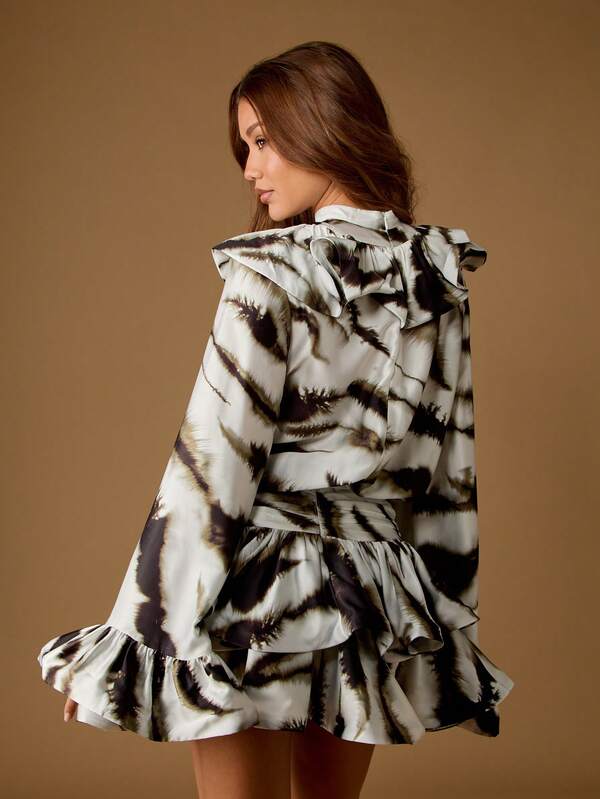 Missguided MISSGUIDED Satin Zebra Print Mini Dress With Ruffles And Bell Sleeves