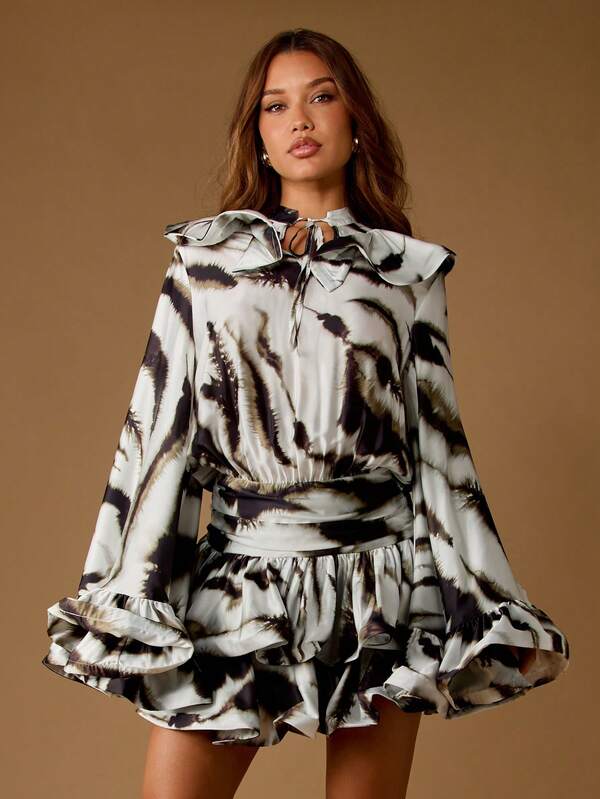 missguided MISSGUIDED Satin Zebra Print Mini Dress With Ruffles And Bell Sleeves