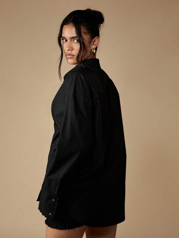 Missguided MISSGUIDED Scallop Collar Button Down Blouse With Long Sleeves