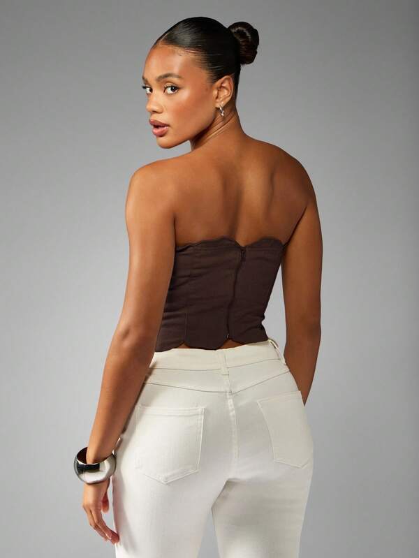 Missguided MISSGUIDED Scallop Edge Bandeau Denim Top