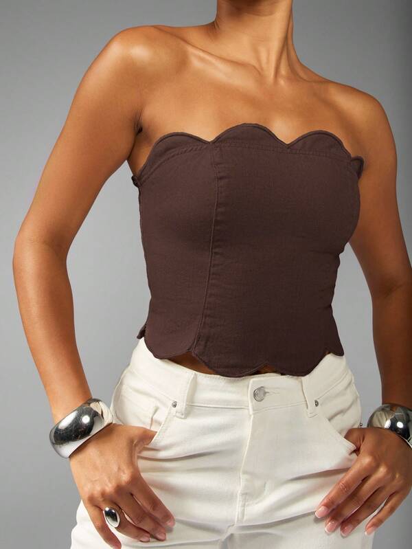 missguided MISSGUIDED Scallop Edge Bandeau Denim Top