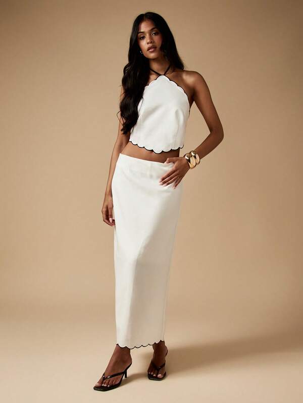Missguided MISSGUIDED Scalloped Edge Halter Top And Midi Skirt Set