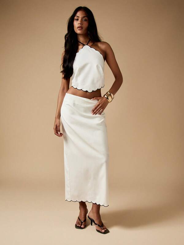 missguided MISSGUIDED Scalloped Edge Halter Top And Midi Skirt Set