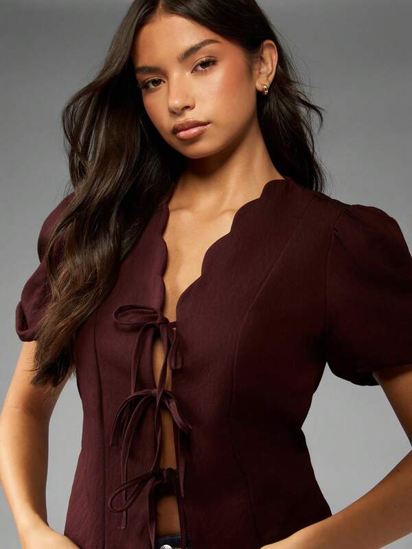 Missguided MISSGUIDED Scalloped Edge Tie Front Blouse With Puff Sleeves
