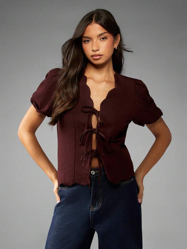 missguided MISSGUIDED Scalloped Edge Tie Front Blouse With Puff Sleeves