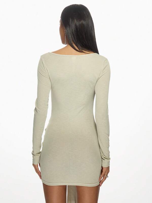 Missguided MISSGUIDED Scoop Neck Long Sleeves Front Tie Detail Bodycon Mini Dress
