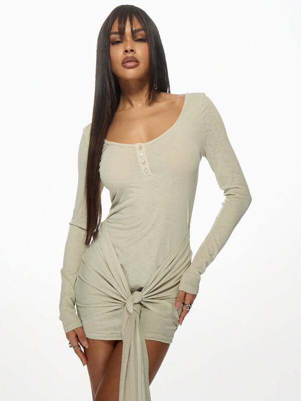 Missguided MISSGUIDED Scoop Neck Long Sleeves Front Tie Detail Bodycon Mini Dress
