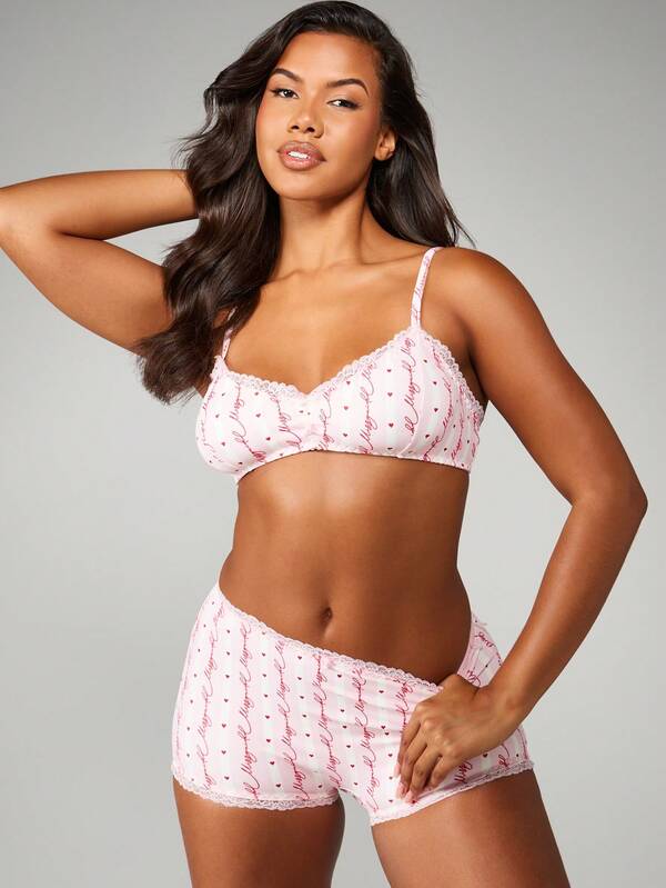 Missguided MISSGUIDED Script Print Lace Trim Ruched Bralette