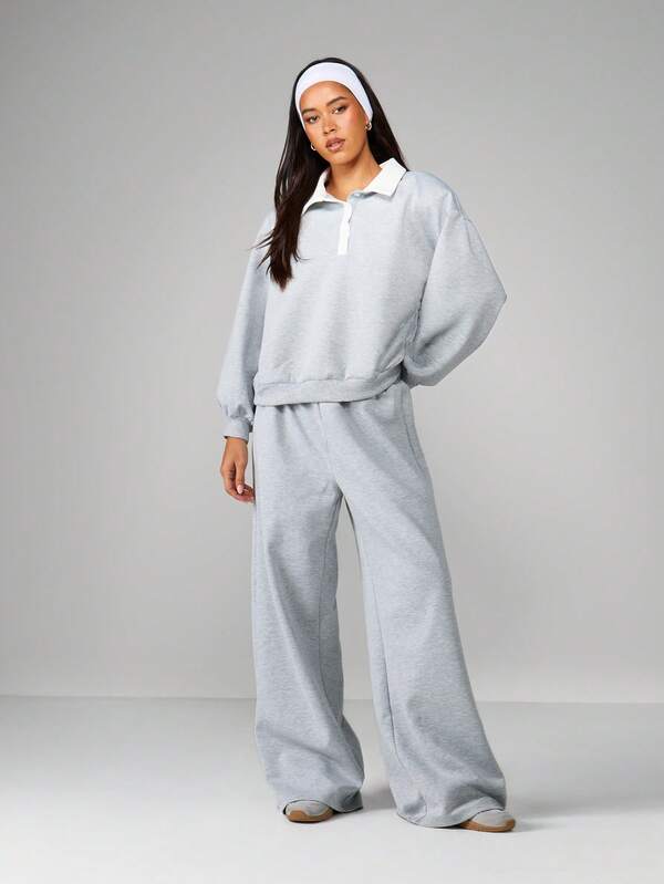 missguided MISSGUIDED Scuba Polo Sweatshirt With Wide Leg Pants