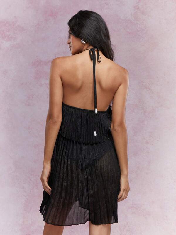 Missguided MISSGUIDED Semi Sheer Bead Detail Halter Neck Pleated Mini Dress