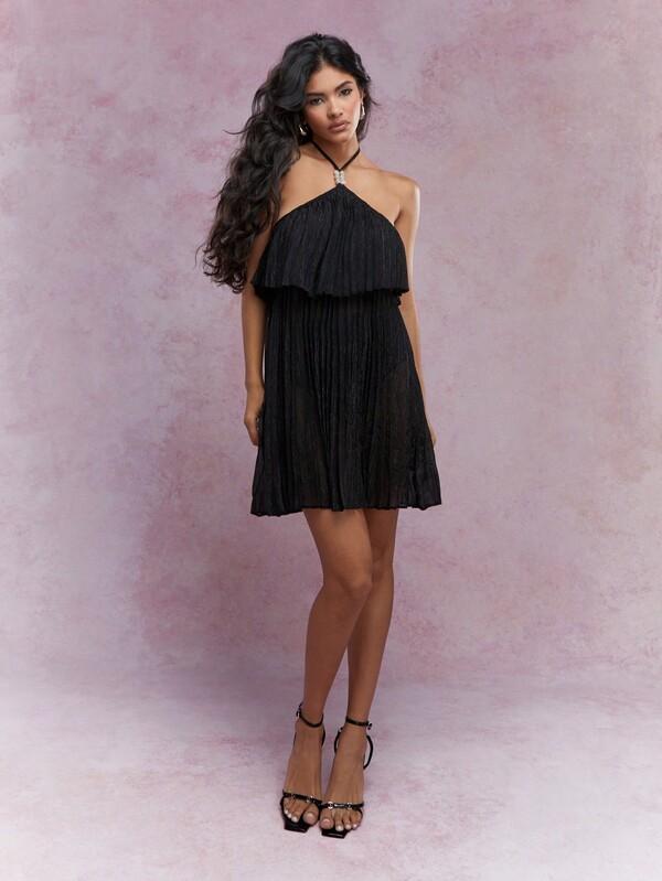 Missguided MISSGUIDED Semi Sheer Bead Detail Halter Neck Pleated Mini Dress