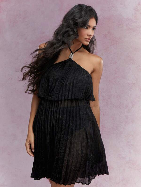 missguided MISSGUIDED Semi Sheer Bead Detail Halter Neck Pleated Mini Dress