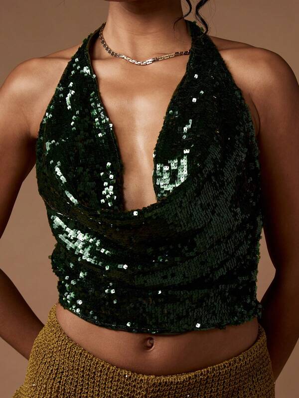 Missguided MISSGUIDED Sequin Backless Tie Halter Neck Crop Top