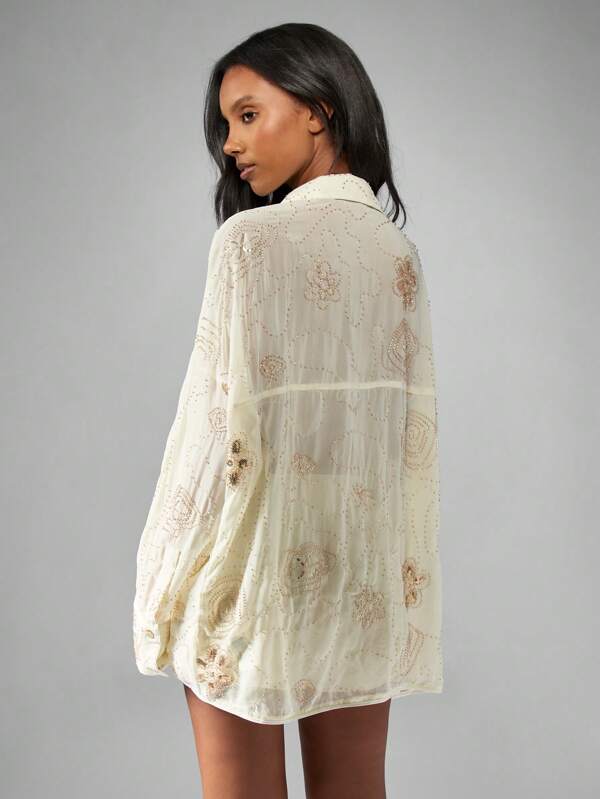 Missguided MISSGUIDED Sequin Beaded Button Down Oversized Shirt With Long Sleeves