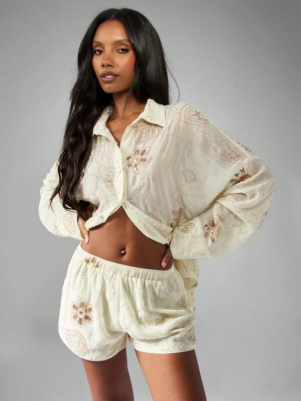 Missguided MISSGUIDED Sequin Beaded Button Down Oversized Shirt With Long Sleeves