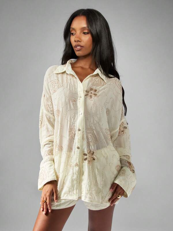 missguided MISSGUIDED Sequin Beaded Button Down Oversized Shirt With Long Sleeves