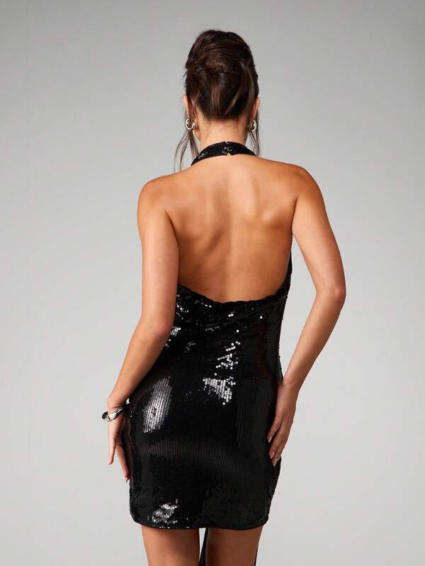 Missguided MISSGUIDED Sequin Cowl Neck Halter Mini Dress