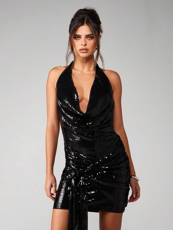 Missguided MISSGUIDED Sequin Cowl Neck Halter Mini Dress