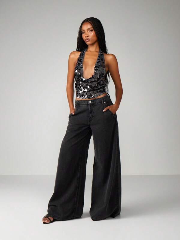 Missguided MISSGUIDED Sequin Cowl Neck Halter Top With Tie Back