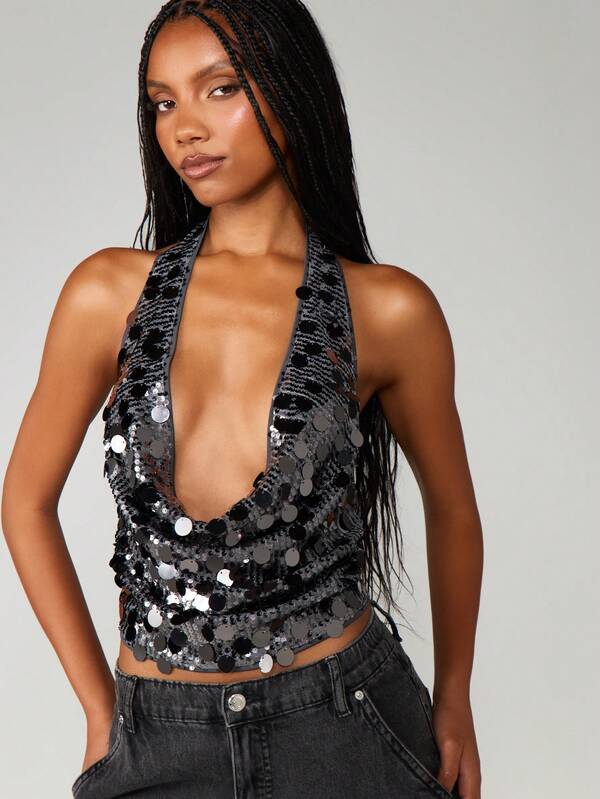 missguided MISSGUIDED Sequin Cowl Neck Halter Top With Tie Back