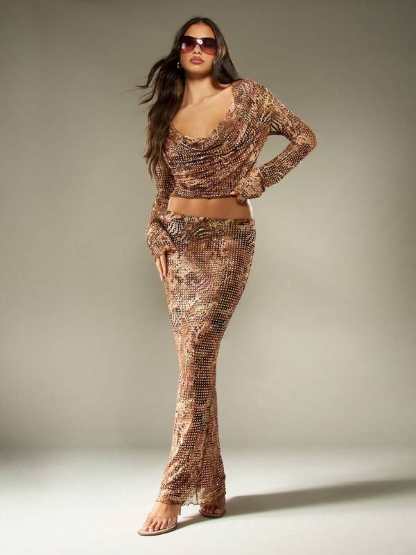 missguided MISSGUIDED Sequin Cowl Neck Top With Matching Maxi Skirt
