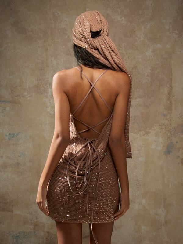 Missguided MISSGUIDED Sequin Crochet Knit Cowl Halter Neck Backless Mini Dress