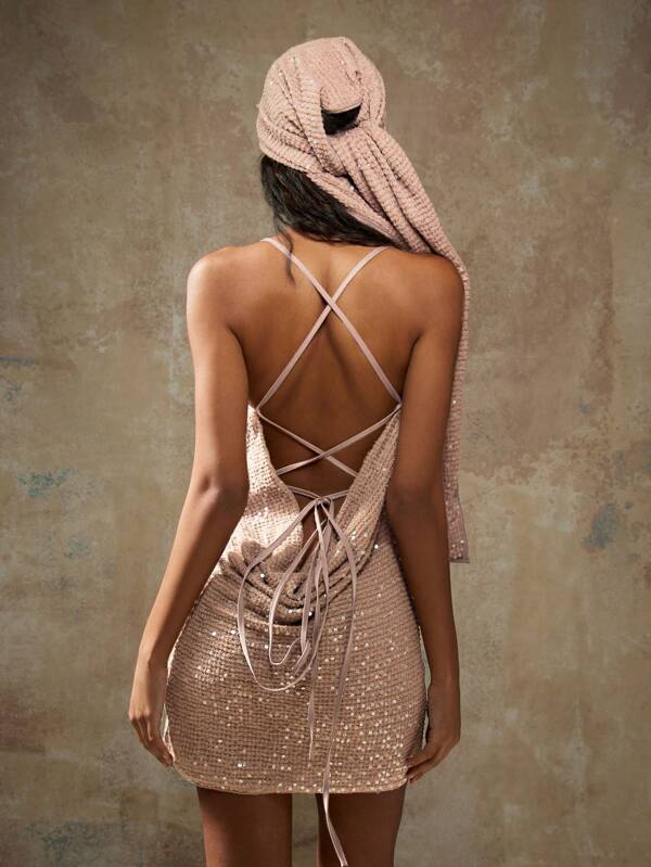 Missguided MISSGUIDED Sequin Crochet Knit Cowl Halter Neck Backless Mini Dress