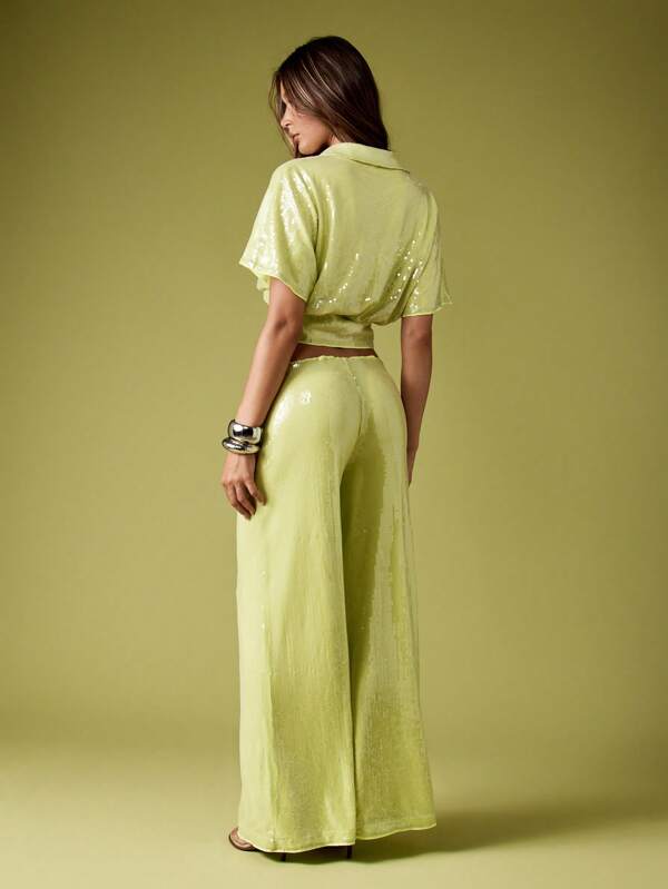 Missguided MISSGUIDED Sequin Cropped Shirt With Palazzo Pants Set