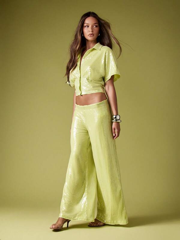 Missguided MISSGUIDED Sequin Cropped Shirt With Palazzo Pants Set