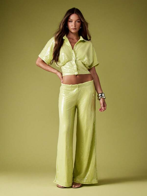 missguided MISSGUIDED Sequin Cropped Shirt With Palazzo Pants Set