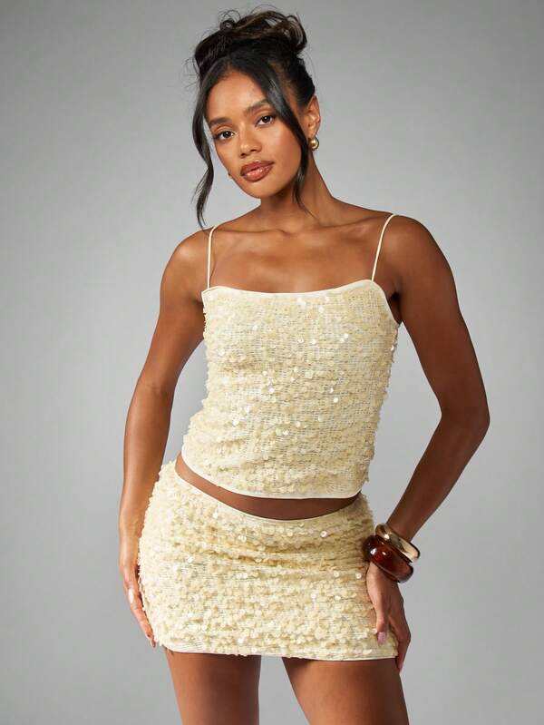 Missguided MISSGUIDED Sequin Embellished Bustier Style Tank With Spaghetti Straps