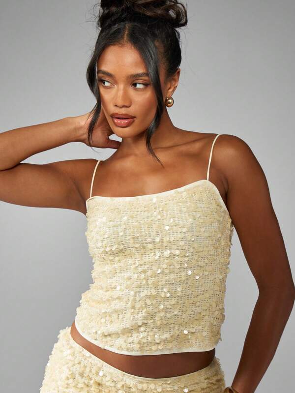missguided MISSGUIDED Sequin Embellished Bustier Style Tank With Spaghetti Straps