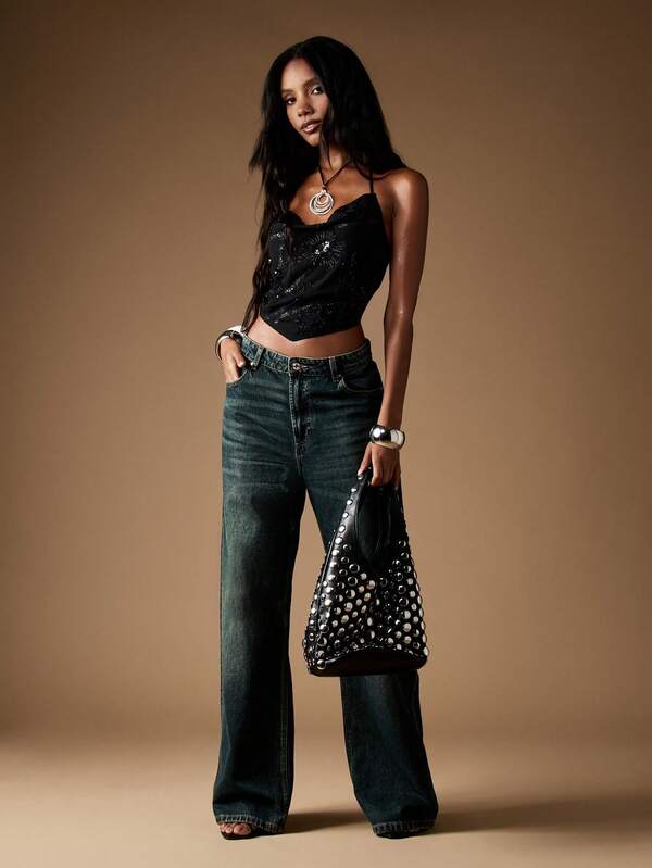 Missguided MISSGUIDED Sequin Embellished Cami Top With Halter Neck
