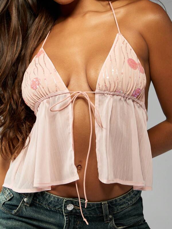 missguided MISSGUIDED Sequin Embellished Chiffon Babydoll Cami Halter Top