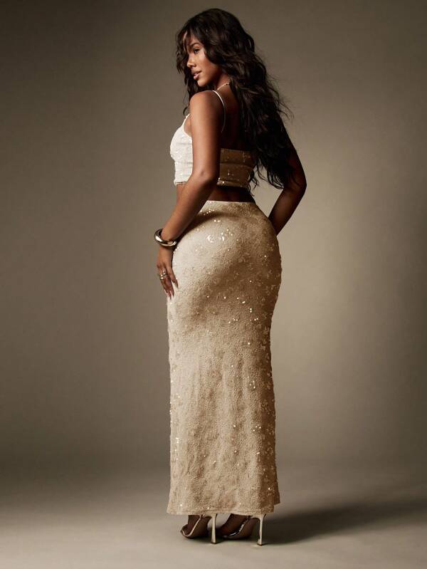 Missguided MISSGUIDED Sequin Embellished Sparkle Crop Top Maxi Skirt