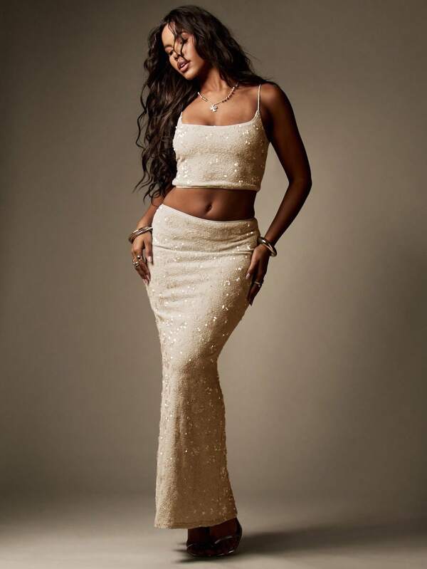 missguided MISSGUIDED Sequin Embellished Sparkle Crop Top Maxi Skirt
