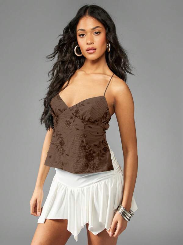 missguided MISSGUIDED Sequin Floral Cami Top Sweetheart Neckline Lace Up Back