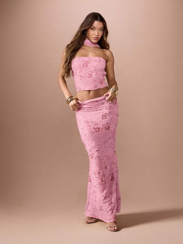 Missguided MISSGUIDED Sequin Floral Strapless Corset Style Bandeau Crop Top With Neck Tie