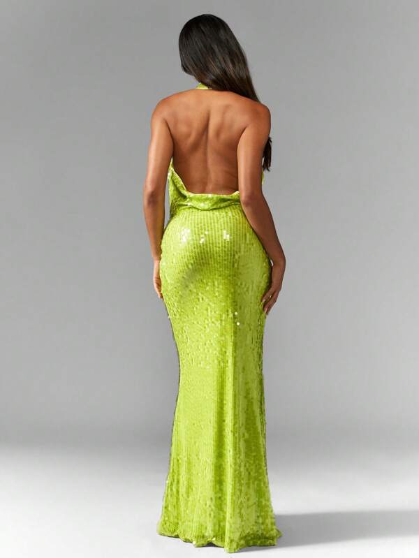 Missguided MISSGUIDED Sequin Halter Backless Plunge Maxi Dress
