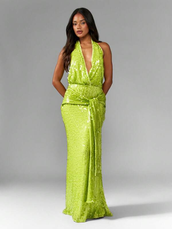 Missguided MISSGUIDED Sequin Halter Backless Plunge Maxi Dress