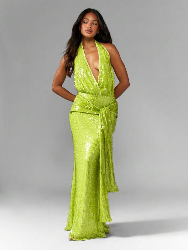 missguided MISSGUIDED Sequin Halter Backless Plunge Maxi Dress