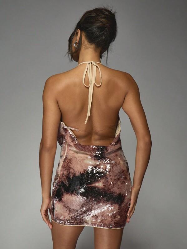 Missguided MISSGUIDED Sequin Halter Mini Dress With Plunging Neckline And Cowl Detail