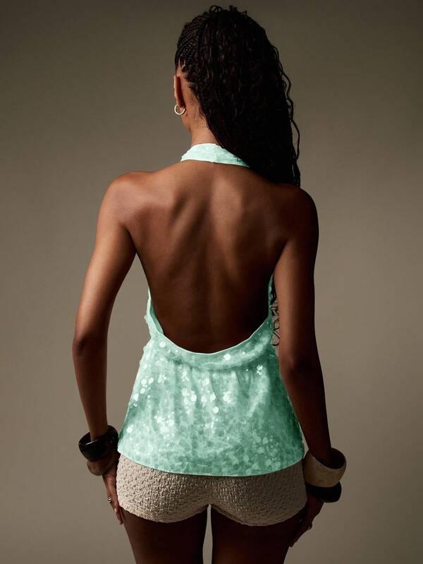 Missguided MISSGUIDED Sequin Halter Neck Backless Top With Front Tie